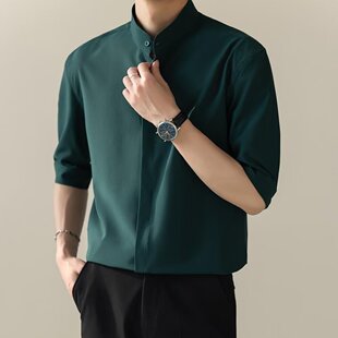 Stand collar five sleeve shirt男士五分袖立领衬衣商务修身上衣
