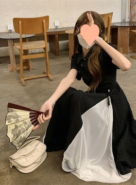 Black Dress改良旗袍茶歇法式气质黑色连衣裙子小个子