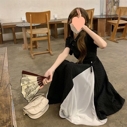 Black Dress改良旗袍茶歇法式气质黑色连衣裙子小个子
