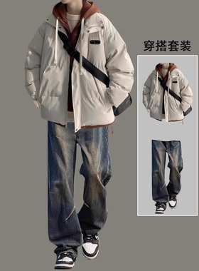 冬季假两件棉服套装男生保暖棉衣外套痞帅高级感男装一套搭配潮流