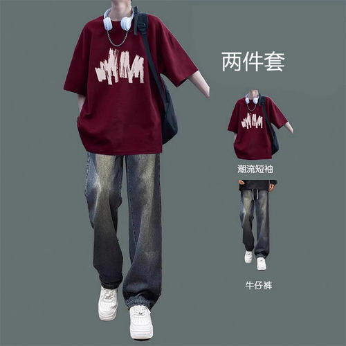 日式夏季男士T恤牛仔裤两件套