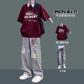 宽松T恤潮流男装 美式 一套 2025新款 套装 纯棉短袖 男生帅气穿搭夏季