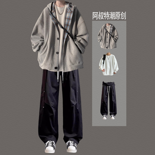 拼色休闲连帽开衫卫衣男生套装穿搭外套春秋季潮流百搭痞帅三件套