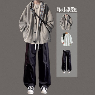 休闲连帽开衫外套男生春秋季套装