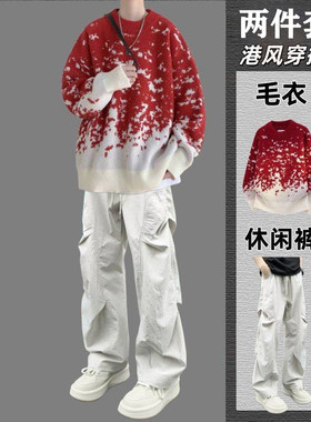 新年雪花渐变男生红毛衣秋冬季氛围感套装情侣装红色本命年针织衫