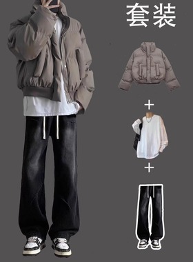 美式潮牌pu皮棉衣男套装冬季cleanfit短款立领面包服高街棉服外套