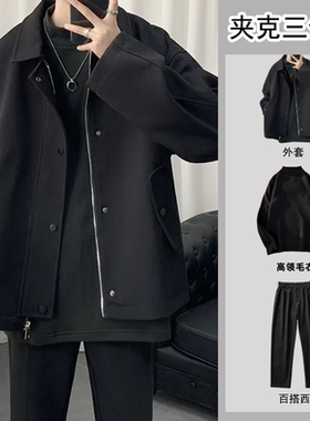 痞帅高级感套装男士飞行员夹克春秋季男装三件套男生潮牌外套衣服