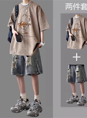 美式复古纯棉t恤男夏季潮牌水洗宽松短袖男装一整套搭配短裤套装