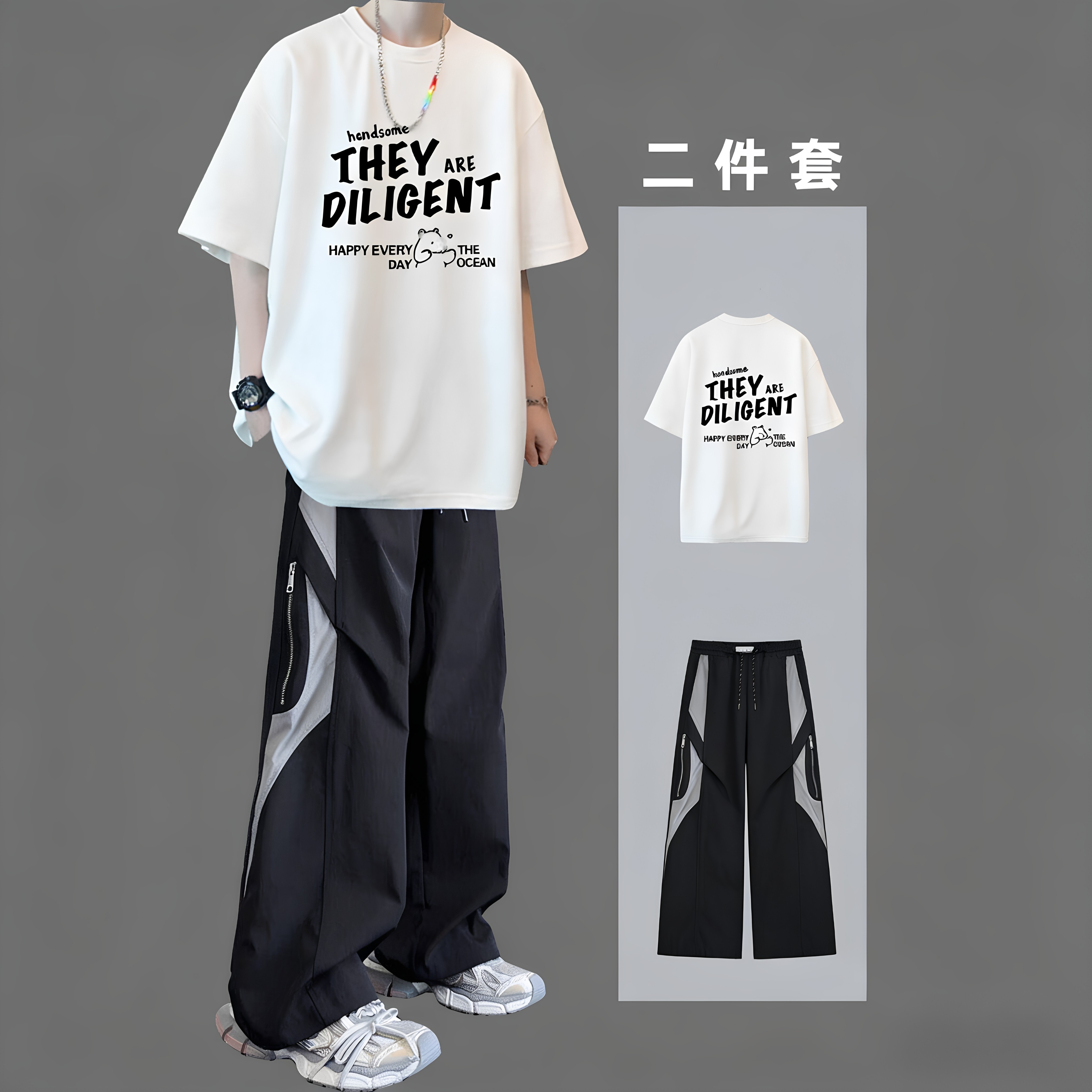 纯棉短袖t恤男生夏季休闲运动服套装青少年帅气初中高中学生潮流