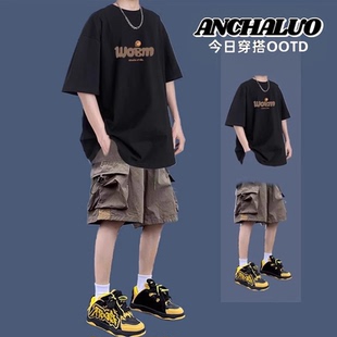 短袖 美式 青少年帅气穿搭休闲宽松短裤 套装 一套搭配 纯棉t恤男夏季