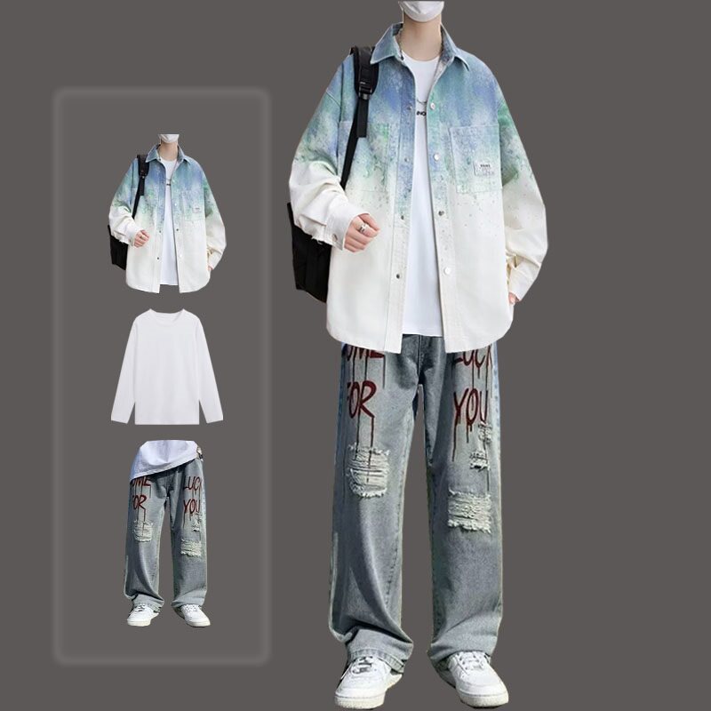渐变设计牛仔衬衫男生青少年套装