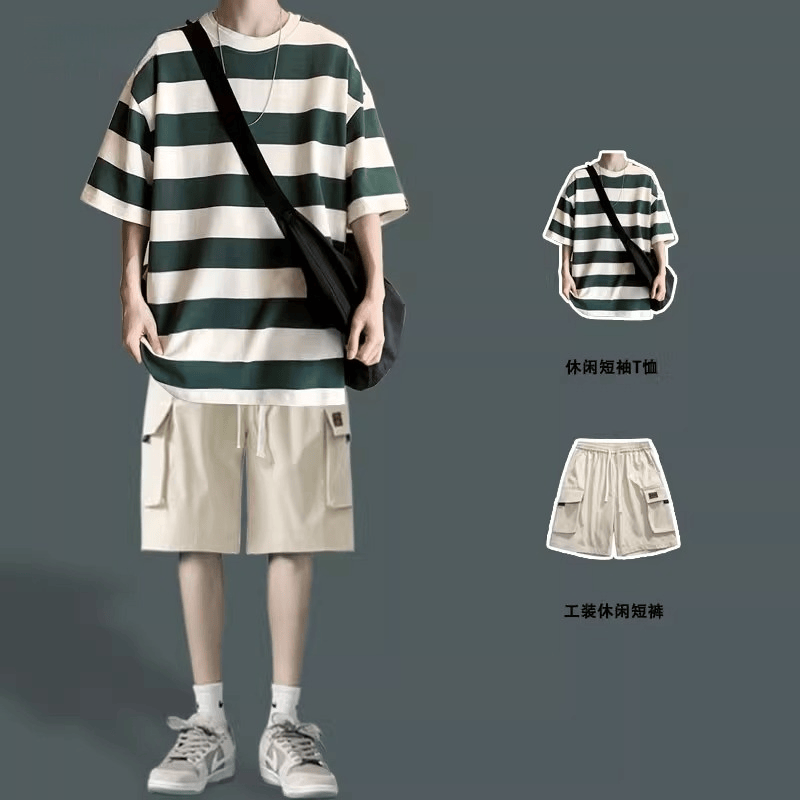 两件套短袖套装条纹夏季男士