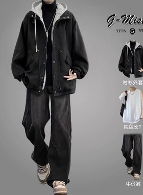 美式潮牌假两件毛呢外套男生套装春秋季cleanfit痞帅男装一套搭配