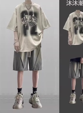 美式复古纯棉T恤男夏季2025新款短袖短裤套装潮牌男装一整套搭配