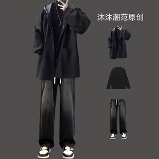 韩系假两件连帽毛呢大衣男秋冬季套装中长款夹棉加厚痞帅潮流外套