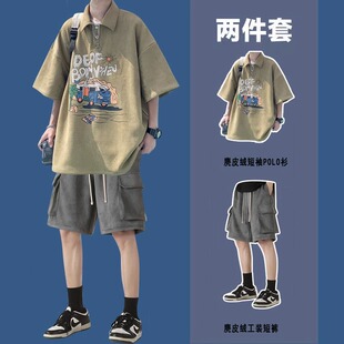 t恤男套装 美式 麂皮绒短袖 夏季 复古嘻哈polo衫 ins潮牌痞帅学生短裤