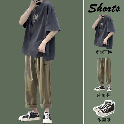 短袖复古日系男生纯棉T恤套装