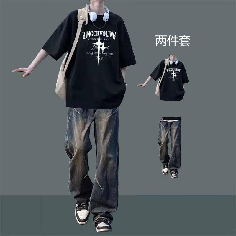 美式高街短袖t恤男生夏季套装潮流休闲青少年男装一整套搭配穿搭