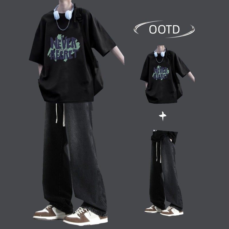 美式复古短袖纯棉T恤套装两件套