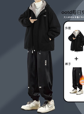 连帽棉服男冬季套装加绒加厚休闲潮流青少年羊羔绒外套夹克两件套