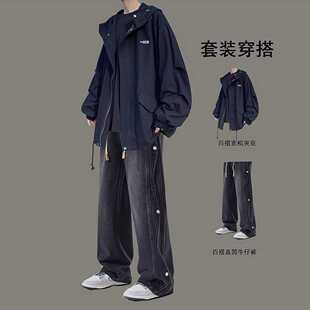 春秋ins港风痞帅工装夹克套装男生青少年一套搭配牛仔裤潮牌外套