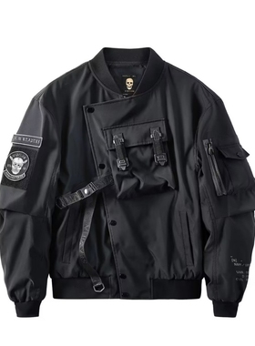 暗黑系飞行员夹克男士春秋季嘻哈潮牌短款棒球服潮流痞帅工装外套