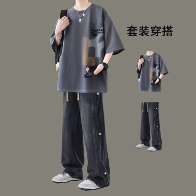 夏季2025新款男士一整套穿搭套装纯棉短袖T恤潮男装搭配潮流宽松
