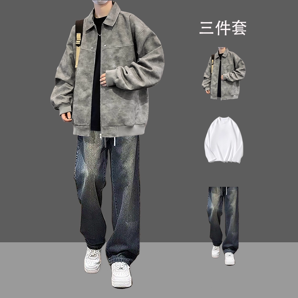 复古机车夹克套装男春秋季