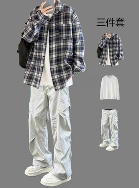 美式高街格子衬衫长袖男生套装春秋款潮流老钱风衬衣宽松休闲外套