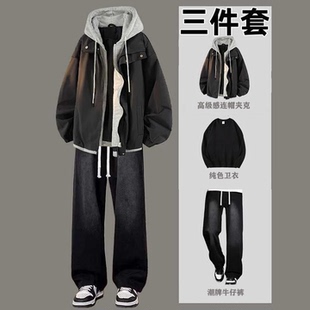 潮流外套休闲穿搭男装 美式 套装 春秋季 一套搭配 复古假两件夹克男士