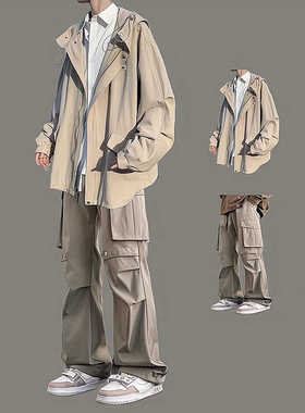 美式连帽工装外套男生套装春秋季潮牌男装一套搭配工装裤痞帅学生