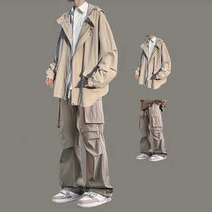 春秋季 外套男生套装 潮牌男装 一套搭配工装 痞帅学生 美式 裤 连帽工装