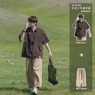 半拉链Polo衫夏季套装短袖t恤男生港风潮牌休闲一整套男装三件套