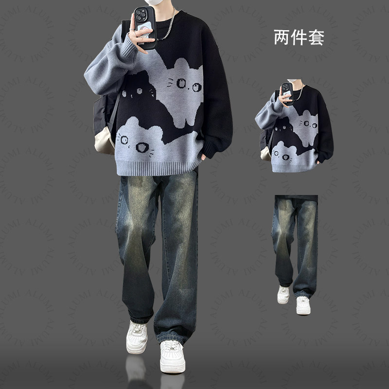 仿貂毛卡通小猫咪毛衣男两件套