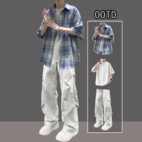 夏季复古格子衬衫男生三件套穿搭