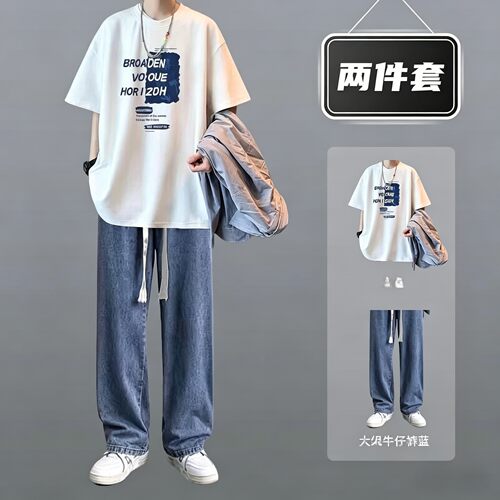 纯棉T恤港风休闲套装男短袖夏季