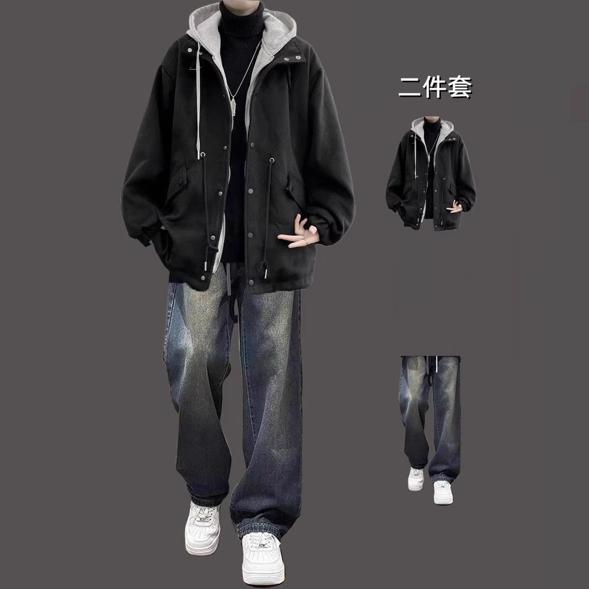 连帽春秋冬宽松假两件毛呢大衣