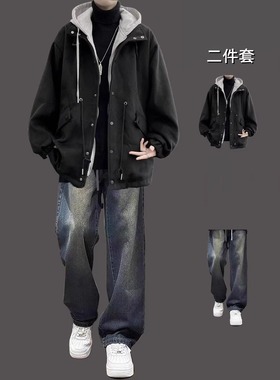 潮牌假两件夹棉毛呢外套男生套装秋冬季美式宽松痞帅棉服呢子夹克
