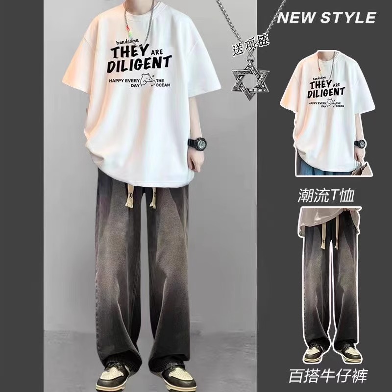 短袖美式复古男士纯棉T恤两件套