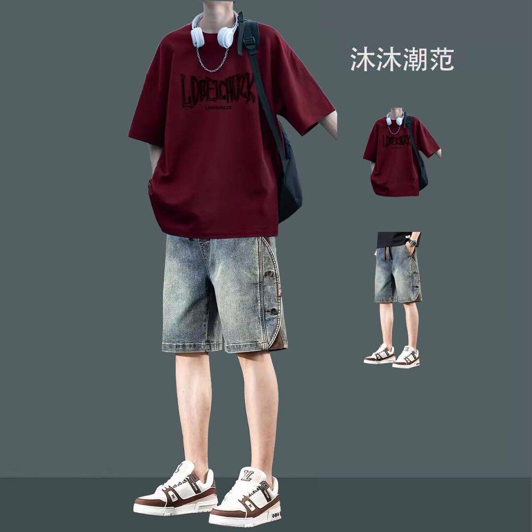 夏季新款男生短袖短裤潮流套装图片