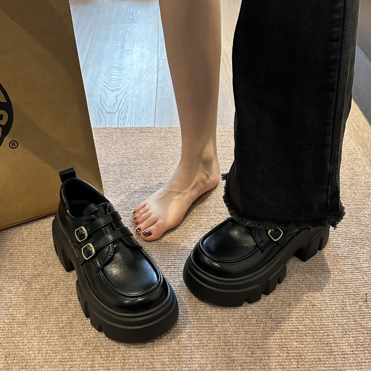 厚底小皮鞋女增高小个子乐福单鞋
