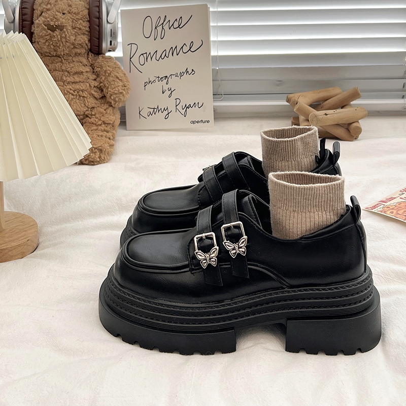 厚底小皮鞋女粗跟增高小个子单鞋