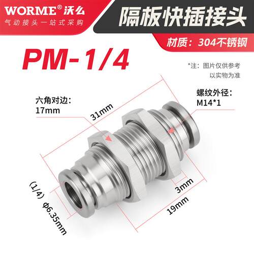 304不锈钢快插隔板直通接头PM4/6/8/10mm气管穿板快速外螺纹接头