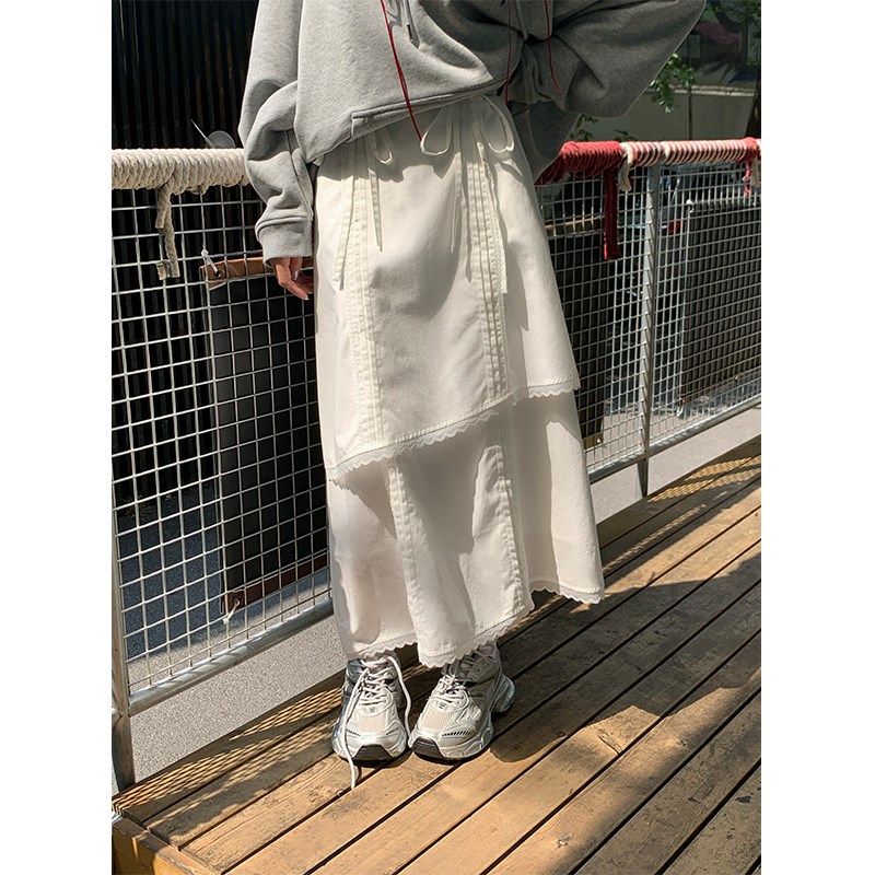 尺尺间Lsland压褶蕾丝边半身裙女春秋抽绳腰不规则中长款蛋糕裙