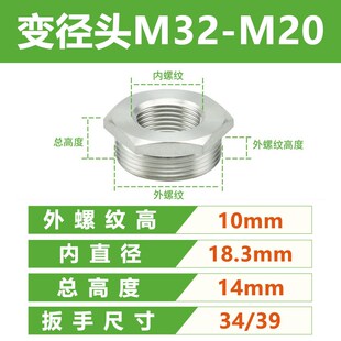 304不锈钢变径接头M25-M20补芯格兰头内外螺纹转换接头金属减缩环