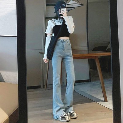 浅色高腰微喇叭牛仔裤女2025年夏季薄款韩版九分显瘦小个子马蹄裤