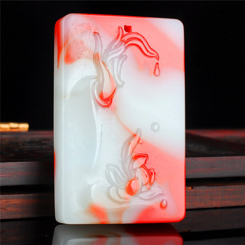 新疆和田红玉佛手莲花吊坠 鸡血玉玉坠项链和田红白项链玉牌