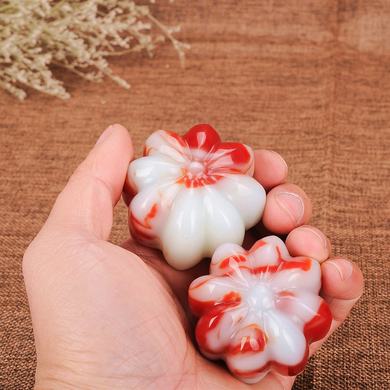 玉器南瓜玉把件戈壁玉鸡血玉南瓜手把件新疆金丝玉鸡血红手把件