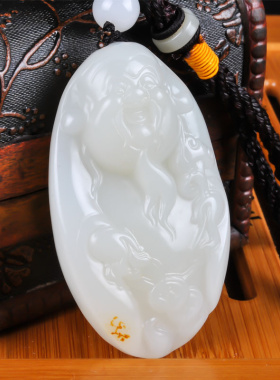 玉器新疆和田白玉把件白玉财神带皮手把件籽料把玩件