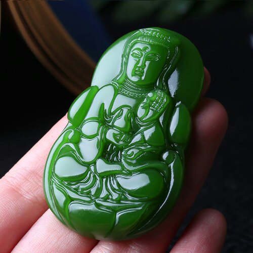 玉器新疆和田羊脂玉菠菜绿碧玉平安坐观音 玉牌挂件吊坠 男款